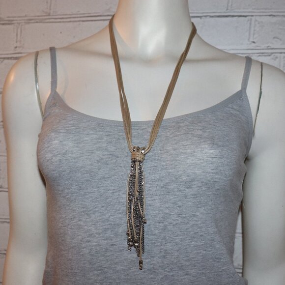Beautiful tan cord and silver with rhinestone drop statement necklace 26-29" - Picture 1 of 4
